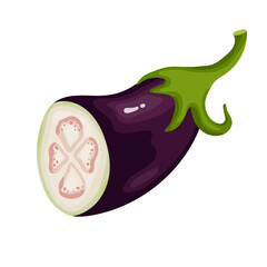Half of a ripe eggplant fruit, a piece of vegetable.Cartoon vector graphics.