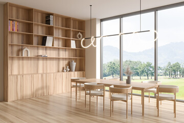 Fototapeta premium Eating room interior with chairs and shelf with decoration, panoramic window