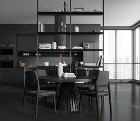 Grey kitchen interior with eating table and chairs, kitchenware and window