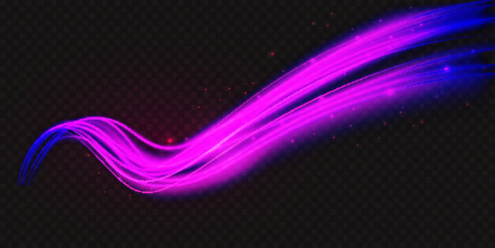 Luminous neon shape wave, abstract light effect vector illustration. Wavy glowing purple violet bright flowing curve lines, magic glow energy motion particle isolated transparent black background. © lembergvector