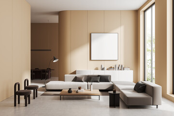 Light living room interior with couch and panoramic window. Mockup frame