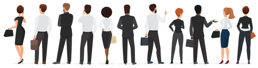 Business people standing with backs set vector illustration. Cartoon different professional corporate employees talk, discussion of team of male and female characters, backside view isolated on white