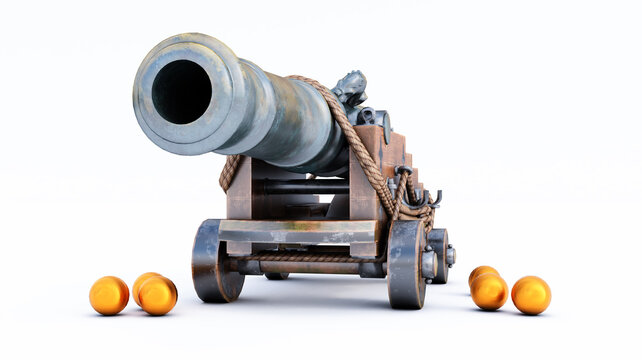 3D render of Old Pirate Cannons on a white background, 3d ramadan cannon gun
