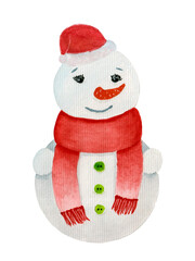 Cute watercolor illustration, colorful snowman isolated on white background. Element for winter products.