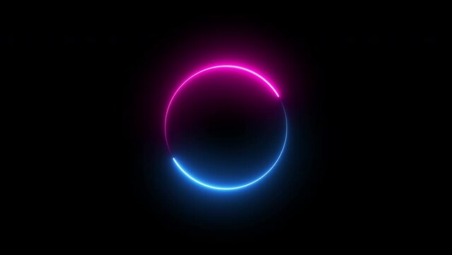 glowing loop neon animation. spin geometric rotation abstract element. light beam dynamic movement laser ring, round eclipse motion power balance space graphic blue and purple shape particle effect