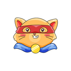 Halloween cat head in funny superhero costume vector illustration. Clipart for holiday stickers, kids print, decoration parties.