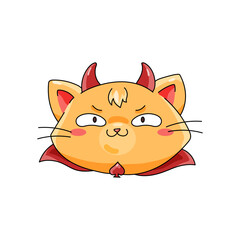 Halloween cat head in funny devil costume vector illustration. Clipart for holiday stickers, kids print, decoration parties.