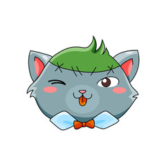 Halloween cat head in funny frankenstein costume vector illustration. Clipart for holiday stickers, kids print, decoration parties.