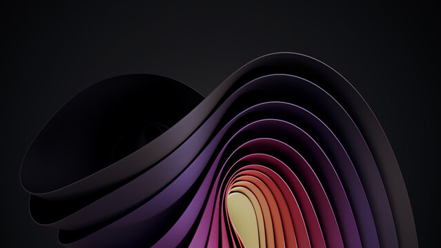 Dark and colorful wavy abstraction shape on black background. 3D rendered illustration of trendy modern image in Windows 11 style