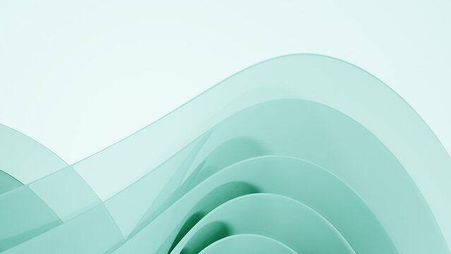 Light green transparent wavy abstraction shape on white background. 3D rendered illustration of trendy modern image in Windows 11 style