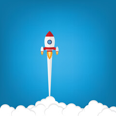 App launch. Startup vector concept, flat cartoon rocket or rocketship launch, mobile phone or smartphone, idea of successful business project start up, boost technology, innovation.