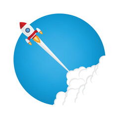 App launch. Startup vector concept, flat cartoon rocket or rocketship launch, mobile phone or smartphone, idea of successful business project start up, boost technology, innovation.