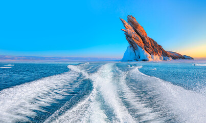 Waves of blue sea behind the speedboat water - Background water surface behind of fast moving motor boat across the Ogoy island on Baikal lake 