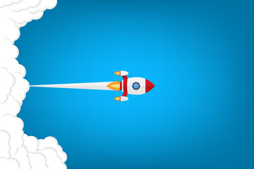 App launch. Startup vector concept, flat cartoon rocket or rocketship launch, mobile phone or smartphone, idea of successful business project start up, boost technology, innovation.	