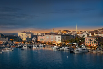 Fototapeta premium Ajaccio marina and port at night, Corsica Island.
