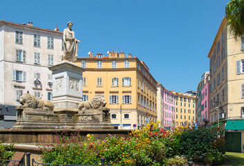 Statue on Foch square in city center of Ajaccio, Corsica, France.