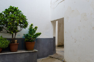Un tipico cortile dai muri bianchi in un borgo del Salento in Puglia