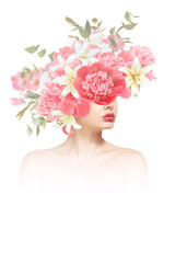 Abstract art collage of young woman with flowers