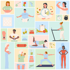 Fat people lose weight set vector illustration. Cartoon skinny man and woman showing transformation before and after losing weight, diet and sports exercises in gym in geometric collage background