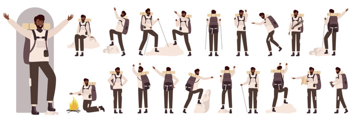 Cartoon man holding map, backpack and hike sticks trekking, climbing on nature rocks, hiker pointing. African american black male tourist character in side, front and back view set vector illustration