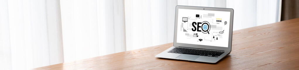 SEO search engine optimization for modish e-commerce and online retail business showing on computer...