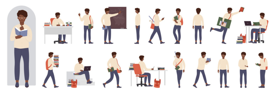 Cartoon smart funny nerd teenage with glasses reading paper books, serious joyful genius student standing at blackboard. African american black Boy pupil character learning set vector illustration
