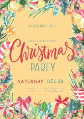 Christmas Party poster design Watercolor illustration,  gold flyer printable art. Christmas greenery frame,colorful, candy,bells, cartoon, New year, Noel, Christmas eve invitation background border
