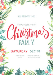 Christmas Party poster design Watercolor illustration,  white flyer printable art. Christmas greenery frame,colorful, candy,bells, cartoon, New year, Noel, Christmas eve invitation background border