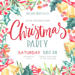 Christmas Party poster design Watercolor illustration,  white flyer printable art. Christmas greenery frame,colorful, candy,bells, cartoon, New year, Noel, Christmas eve invitation background border