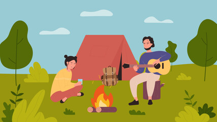 Outdoor camping activity and summer leisure of couple or friends sitting at camp tent and bonfire together vector illustration. Cartoon man playing guitar, woman drinking background. Picnic concept