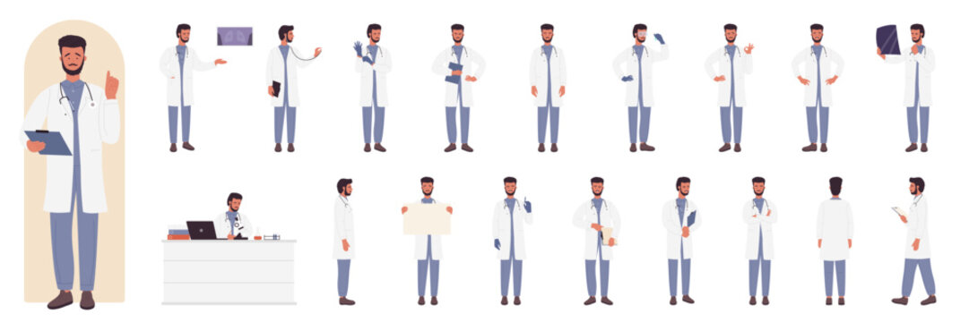 Male doctor character in side, front and back view set vector illustration. Cartoon young man wearing medic uniform, happy medical worker standing with stethoscope, syringe isolated on white