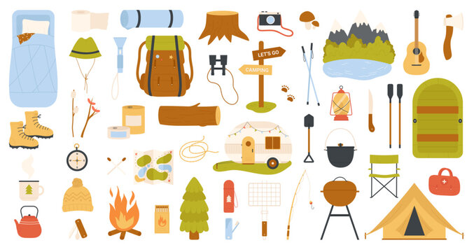 Summer camp tools and hiking gears for tourist set, travel scrapbook vector illustration. Cartoon chair, campfire and tent for campsite, outdoor adventure elements collection isolated on white