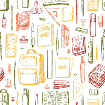 Ornament of school supplies. Backpack, notebooks, textbooks, stationery items, beginner artist tools in retro sketch style. Back to school vector seamless pattern.