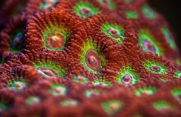 Red - Green War Coral. Favites pentagona coral. Fragging War Corals - Macro. Coral in aquarium....