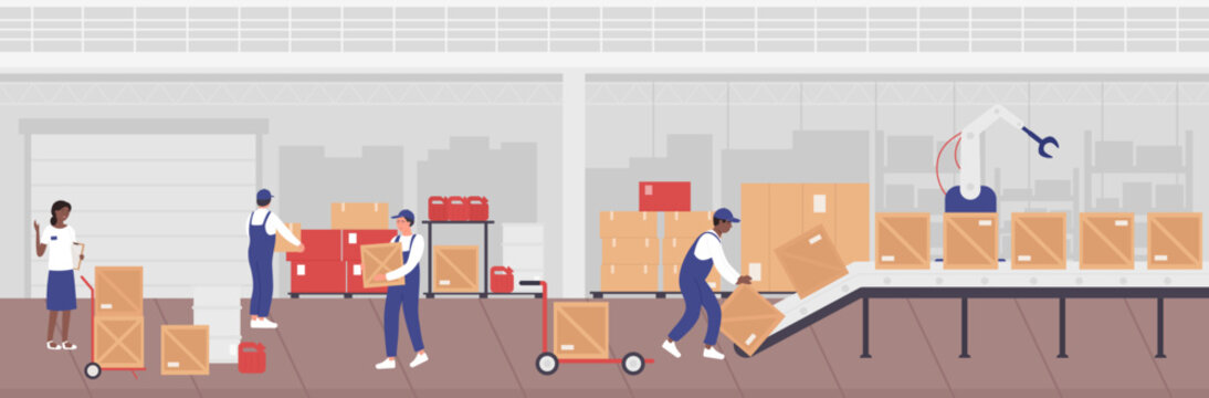 Factory warehouse with workers and manager, industrial inventory infographic vector illustration. Cartoon people sorting, loading boxes on conveyor belt with robot machines in stockroom background