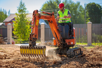 A man on a mini-excavator levels a piece of land, loosens the soil.