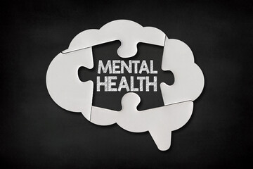 Mental health and problems with memory. Brain shaped jigsaw puzzle on chalkboard, a missing piece...