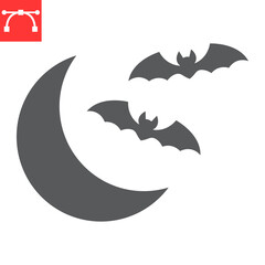 Bats and moon glyph icon, halloween and midnight, bats flying on the moon vector icon, vector graphics, editable stroke solid sign, eps 10.