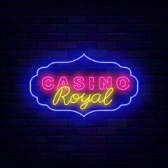 Casino royal neon sign. Vintage frame. Online game label. Winning item. Internet gambling game. Vector illustration