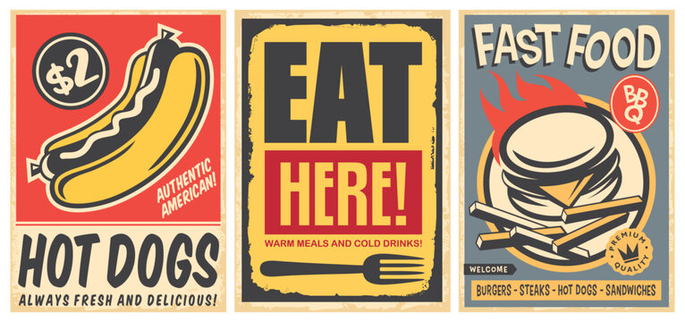 Hot dogs and burgers posters set for diner or fast food restaurant. Eat here retro advertisement. Food vector illustration.