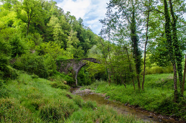 Il tipico ponte medievale a schiena di asino detto anche ponte gobbo, in Garfagnana lungo la Via del Volto Santo, cammino che parte da Pontremoli e arriva a Lucca