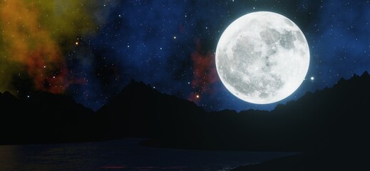 The big moon shines behind the sea and mountains with stars and colorful clouds in the background.  3D rendering.