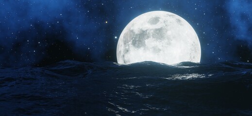The big moon shines behind the sea with stars and clouds in the background.  3D rendering.