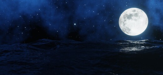 Naklejka premium The big moon shines behind the sea with stars and clouds in the background. 3D rendering.