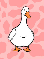 Little funny white duck on the pink spotted background as print, pattern, sticker, wallpaper, cover or poster. Cute cartoon picture of a small pretty goose.