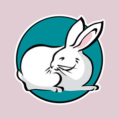 Little pretty white rabbit on the blue circle as sticker, print or pattern for custom clothes or design accessories. Small bunny as wallpaper or poster. Animal sticker for applications or websites.
