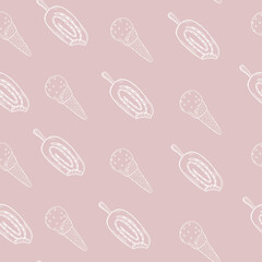 Ice cream outline seamless pattern on pink background. Hand drawn illustration