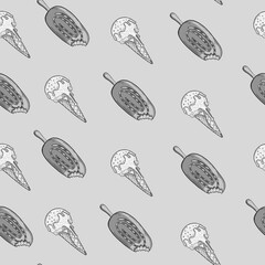 Ice cream outline seamless pattern on gray background. Hand drawn illustration