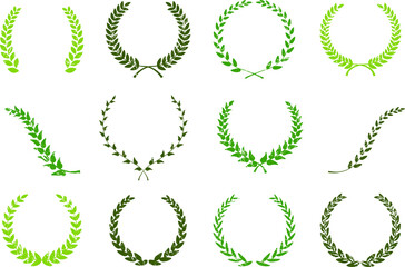 滲みとかすれのある、スタンプ風月桂冠のイラスト素材、バリエーションセット.