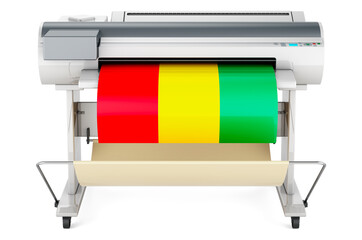 Wide format printer, plotter with Guinean flag. 3D rendering